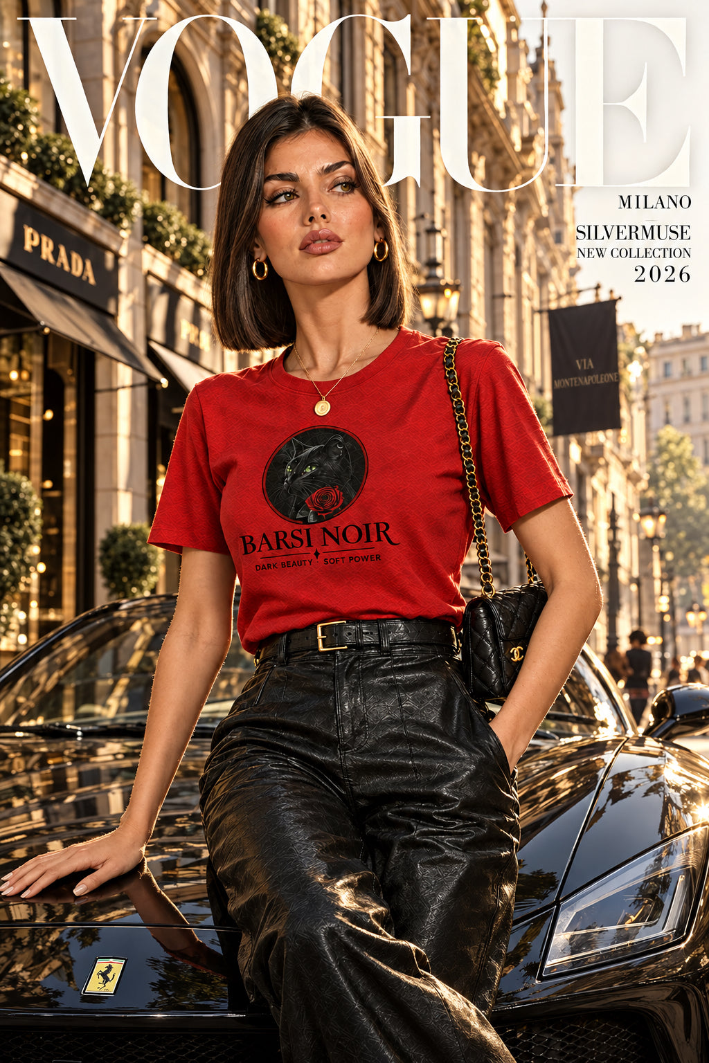 Barsi Noir Graphic Tee — Black Cat & Rose Vintage Logo Shirt