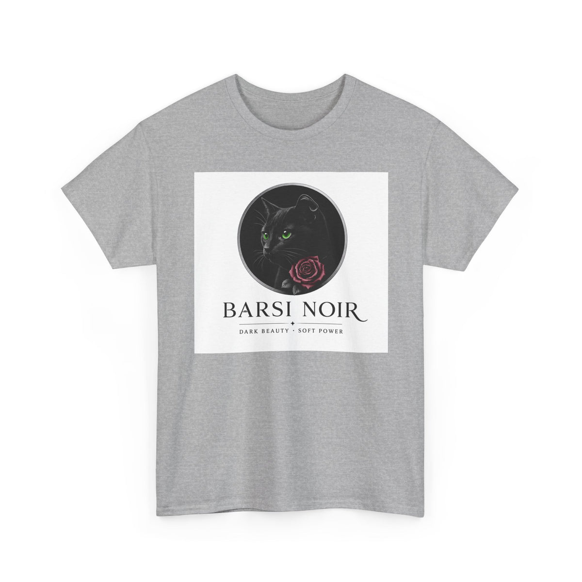 Barsi Noir Graphic Tee — Black Cat & Rose Vintage Logo Shirt