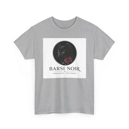 Barsi Noir Graphic Tee — Black Cat & Rose Vintage Logo Shirt