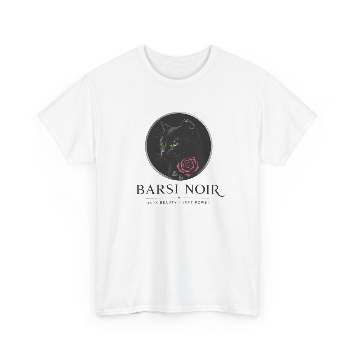 Barsi Noir Graphic Tee — Black Cat & Rose Vintage Logo Shirt