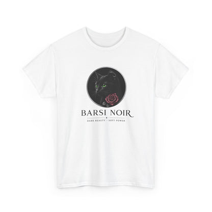 Barsi Noir Graphic Tee — Black Cat & Rose Vintage Logo Shirt
